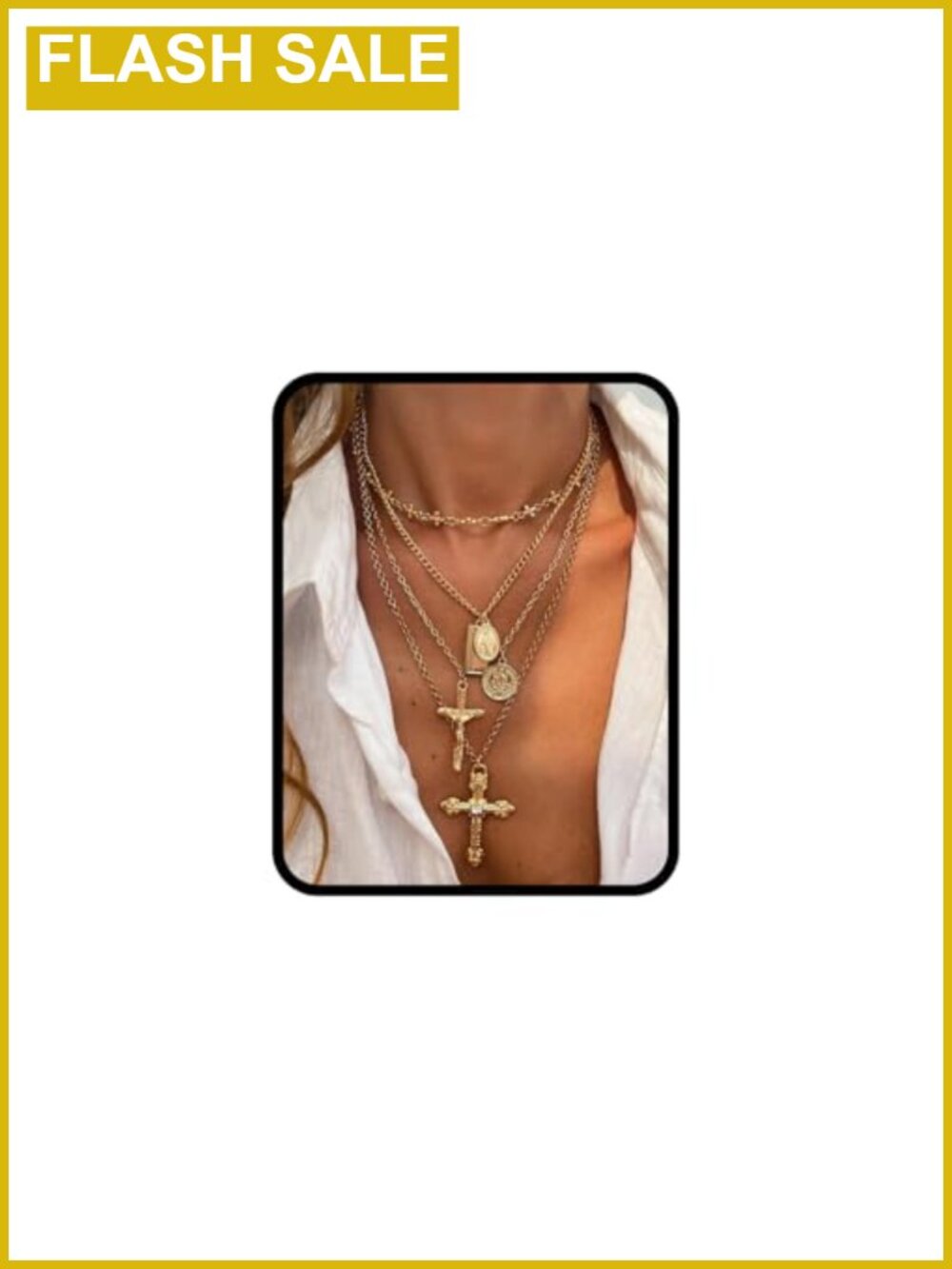 Layered Cross Necklace Set Women Men Gold Silver Tone Multi Chain Pendant